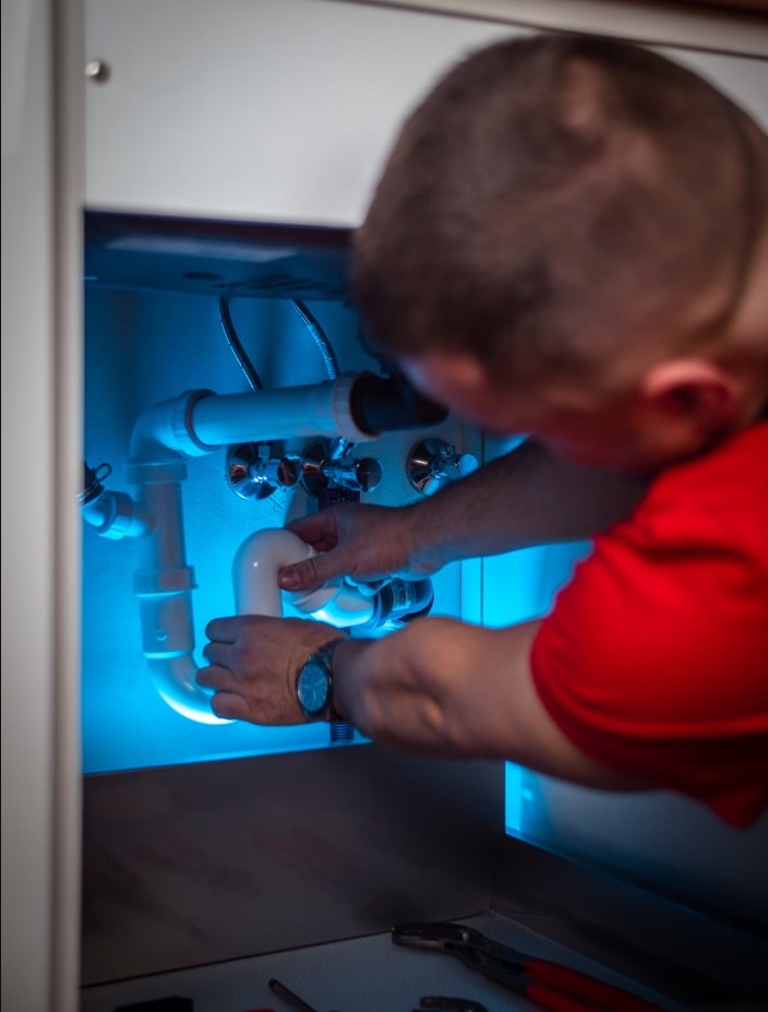 Plumbing technician repairing pipework beneath a sink